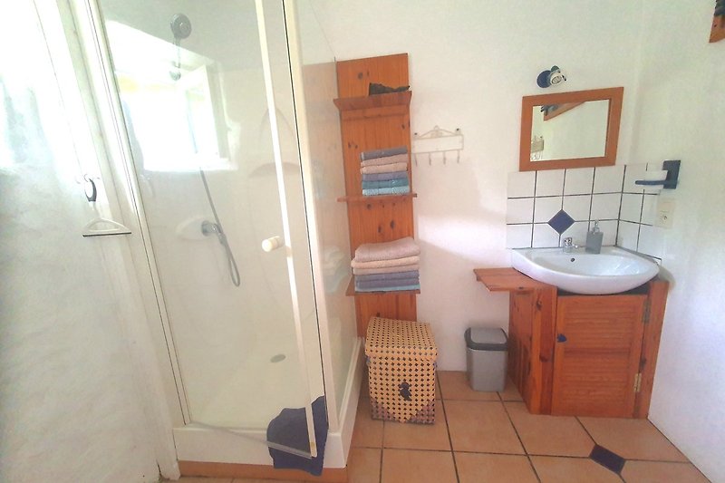 Gemütliches Badezimmer mit Spiegel, Waschbecken, Dusche, Toilette und Holzmöbeln.