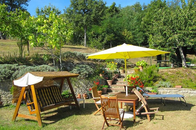 Ein sonniger Platz im Freien mit Gartenmöbeln ausgestattet.