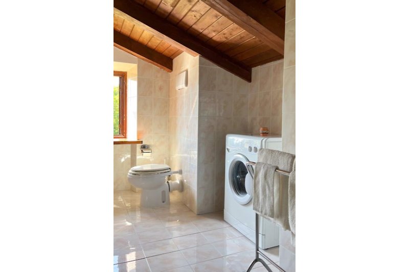 Gemütliches Badezimmer mit moderner Ausstattung und stilvollem Holzinterieur.