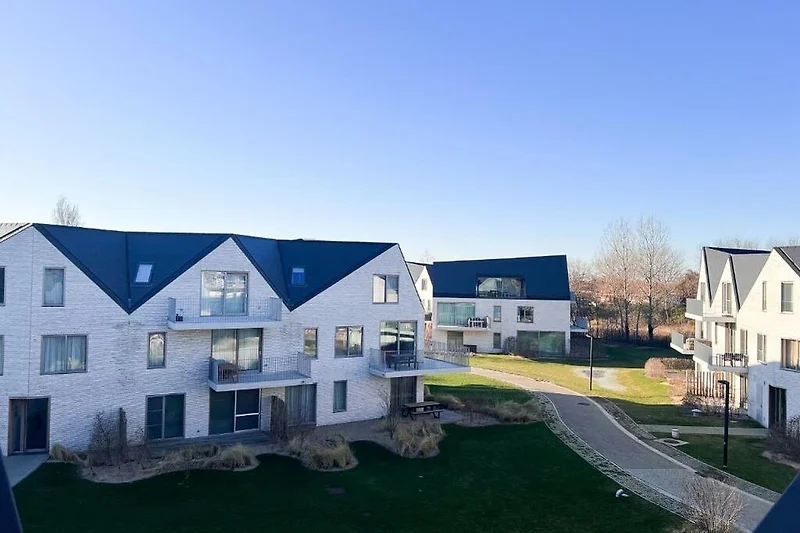 Prachtig huis met groene tuin en blauwe lucht.