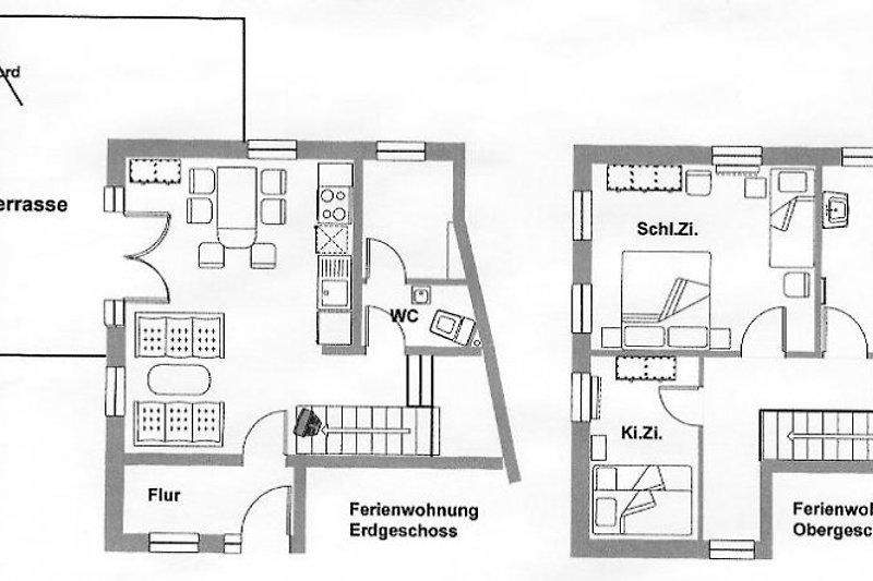 Grundriss Erd- (großer Wohn- Essbereich / Gäste-WC) und Obergeschoss (Schlafen, Kind, Bad)