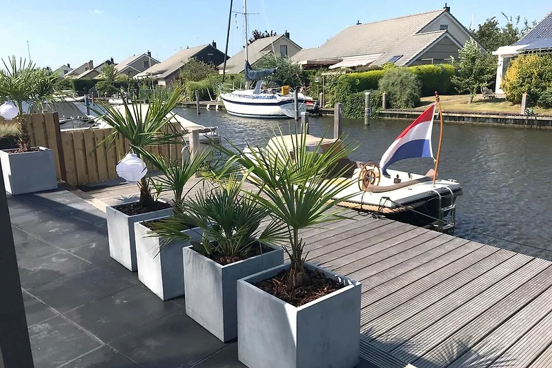 Kräutertopf und Zimmerpflanze mit Blick auf die Marina und Boote.