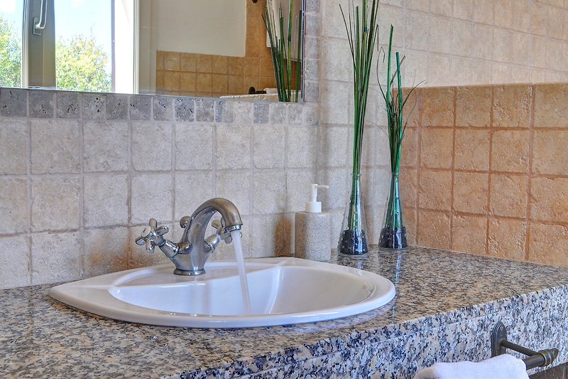 Badezimmer mit Spiegel, Waschbecken und Pflanze.