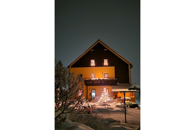 Winterlandschaft mit verschneitem Haus, beleuchteten Fenstern . Gartenbereich.