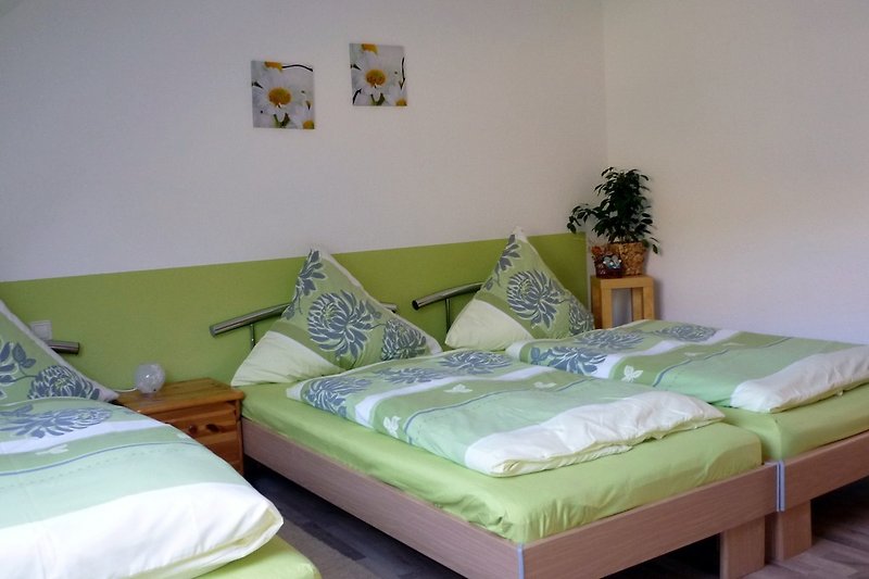 Schlafzimmer mit 3 Betten und ein ausklappbares Wandbett
