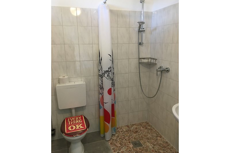 BAD in Zi. 1 - 5 mit WC, WT mit Spiegelschrank, befahrbarer Dusche