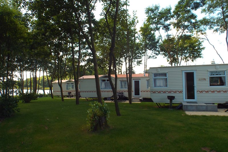 3 mobile homes under trees by the lake