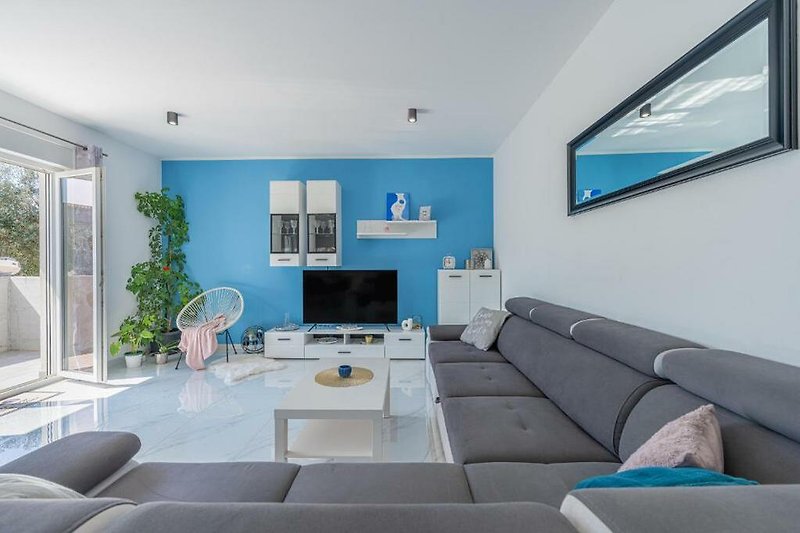 Wohnzimmer mit gemütlicher Couch, Pflanze und Fernseher.