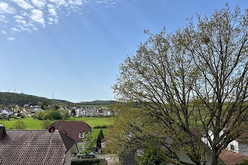 Blick auf Haus mit Garten, Wiese und Bergen im Hintergrund.