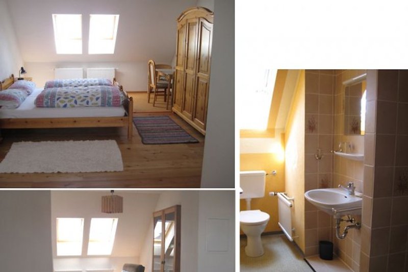 DACHGESCHOSS: 2 Schlafzimmer, Sitzecke und Dusche/WC.