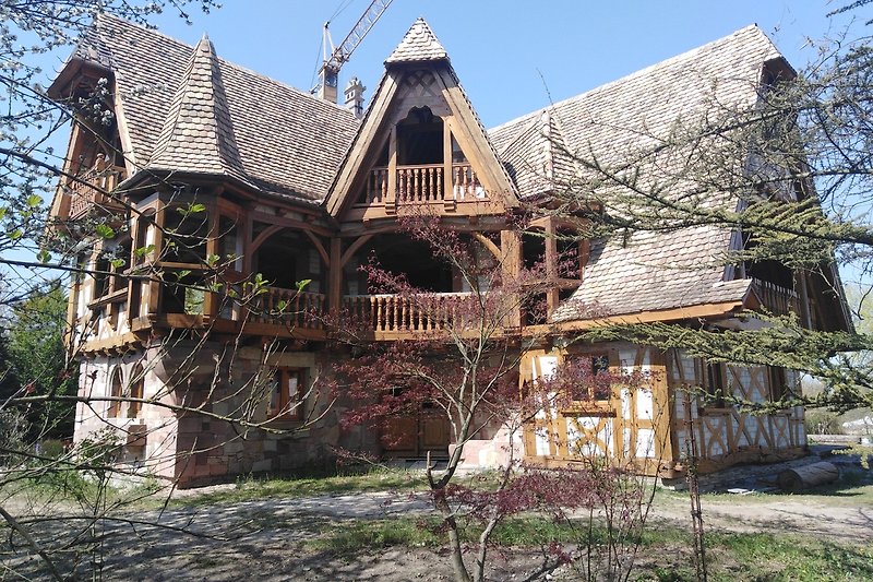 Maison  Alsacienne avec toit en tuile castor, entourée de verdure construite par le propriétaire avec des matériaux anci