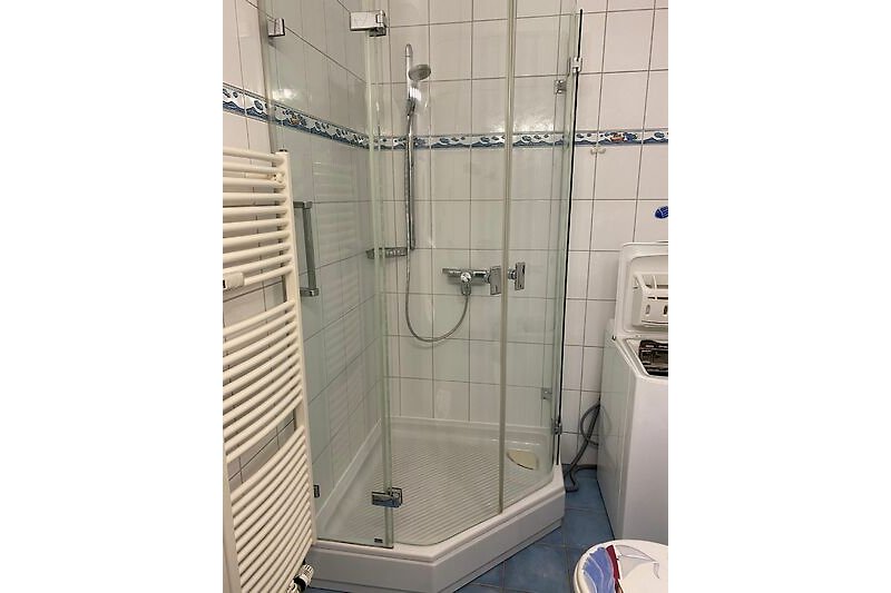 Moderne Dusche mit Glaswand, Armaturen und Duschpaneel.
