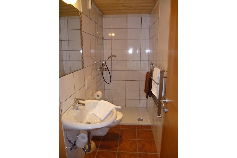 Modernes Badezimmer mit stilvollem Waschbecken und Dusche.