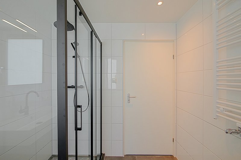 Moderne Dusche mit Glaspanelen und Aluminiumgriffen.