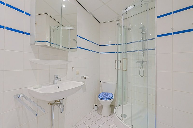 Modernes Badezimmer mit lila Akzenten und Dusche.