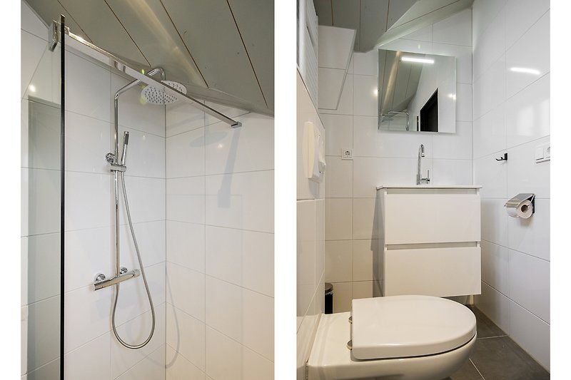 Modernes Badezimmer mit Dusche, Toilette und Glasdetails.