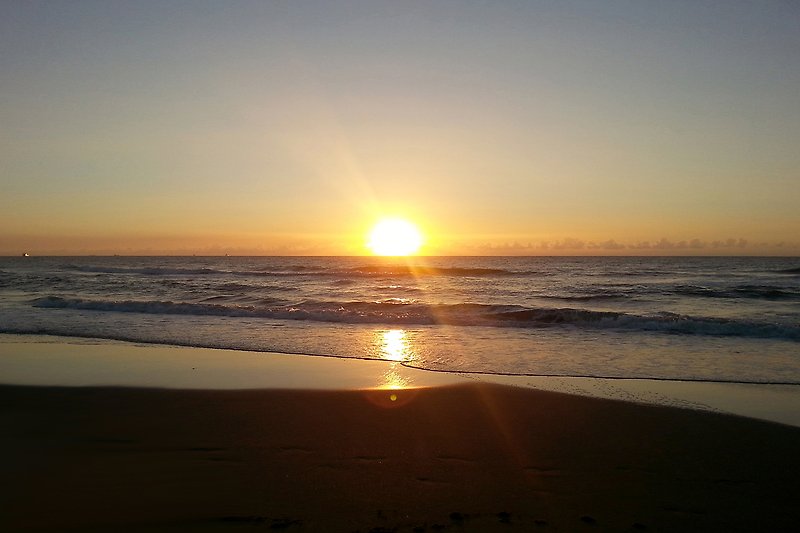 Strand mit Sonnenuntergang, ruhiges Wasser, tropische Atmosphäre.