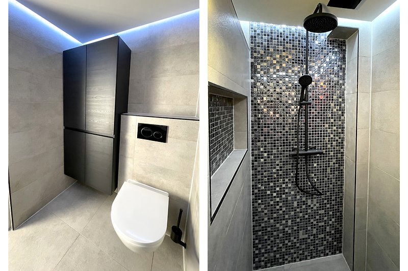 Warmes Badezimmer mit stilvoller Beleuchtung, Hängeschränke und begehbare Dusche und modernen Armaturen.
