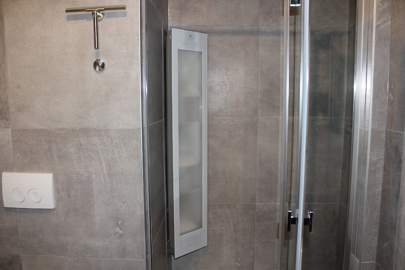 Schöne Dusche mit Glaswand, Aluminiumgriff und stilvoller Armatur.