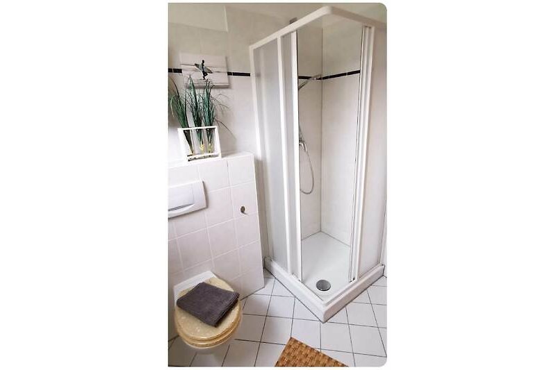 Badezimmer mit Dusche, WC, Waschbecken und Holzmöbeln.