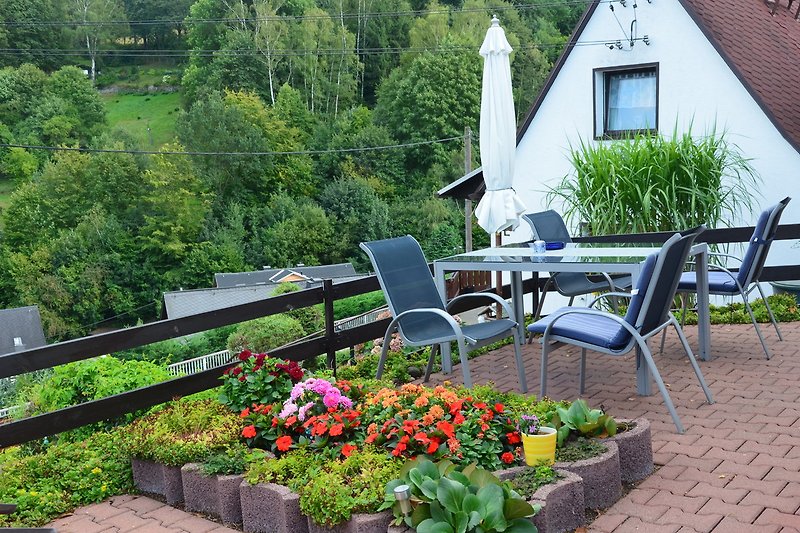 Garten mit Blumen, auf Ihrer Terrasse mit Blick ins Tal und zum Lilienstein.