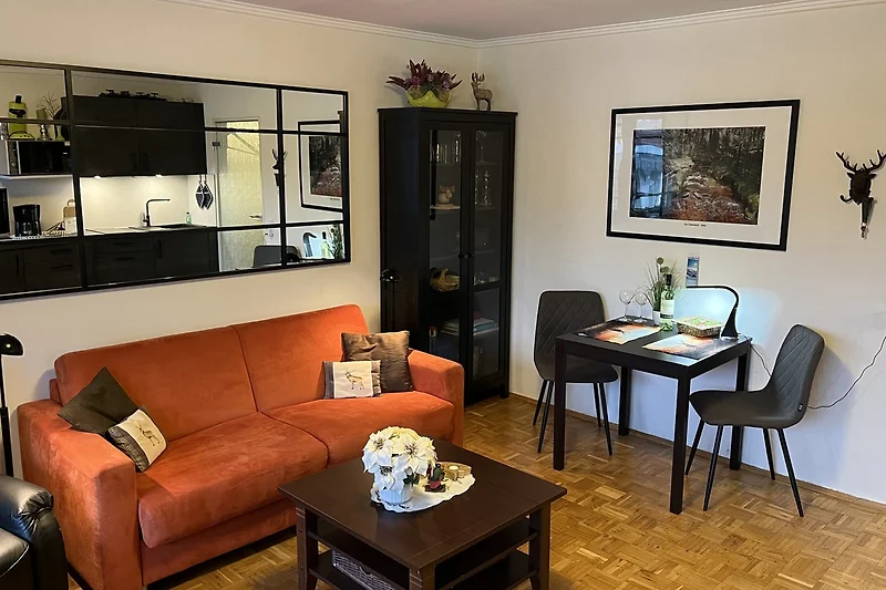 Großzügiger Wohnbereich der Whg 2 mit Sofa, Sessel, Küchenzeile und TV für entspannte Stunden.