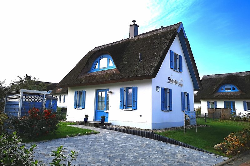 Schönes Haus mit blauem Himmel, grüner Landschaft und charmantem Garten.