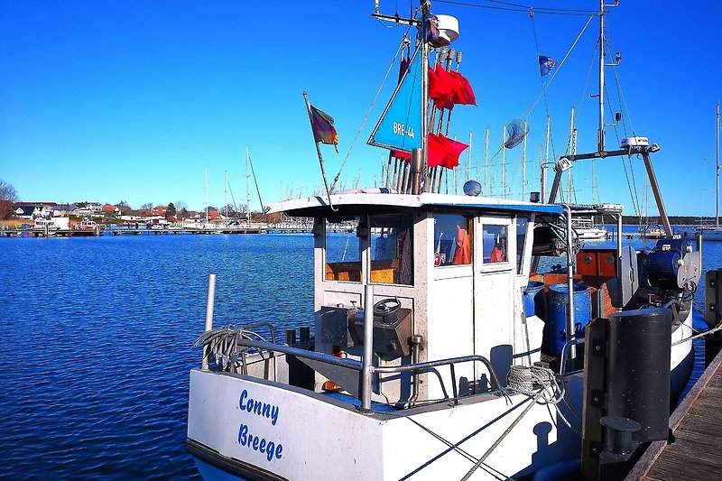 Schönes Bild mit Boot, Hafen und blauem Wasser. Perfekt für einen erholsamen Urlaub am See.