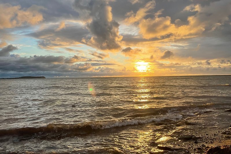 Ein ruhiger Strand mit Palmen und einem atemberaubenden Sonnenuntergang.