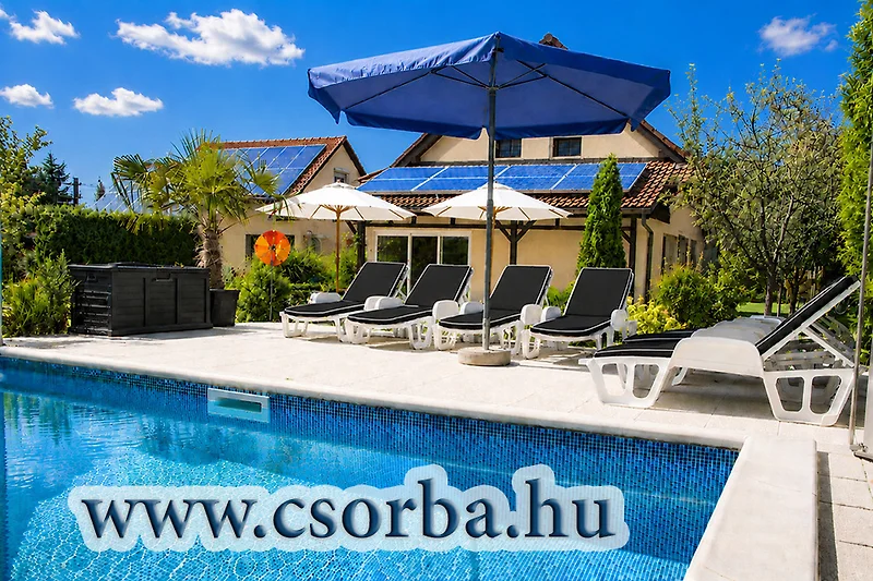 Großer Pool mit Sonnenliegen, Schirmen und gepflegtem Gartenbereich.