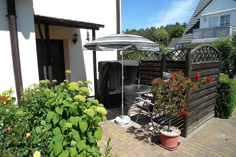 Blühender Garten mit Terrasse, Möbeln und farbenfrohen Geranien.