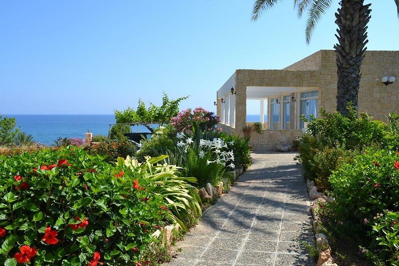 Schönes Ferienhaus mit blühenden Pflanzen, Palmen und Meerblick. Perfekt für einen erholsamen Urlaub am Meer!