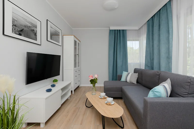 Wohnzimmer mit grauem Sofa, TV und dekorativen Kissen.