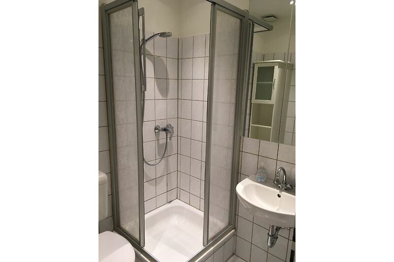 Schwarze Duschtür, weißes Waschbecken und Spiegel im Badezimmer.