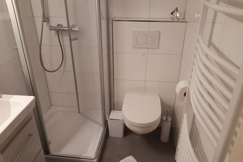 Gemütliches Badezimmer mit Toilette, Dusche und Waschbecken.