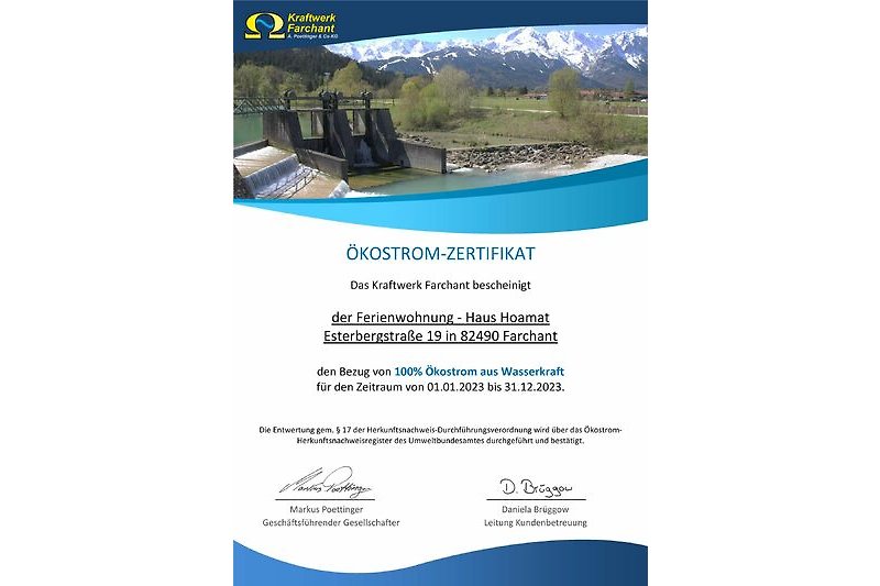 Zertifikat Ökostrom aus 100% Wasserkraft