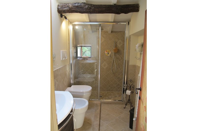 Sehr aufwendig renoviertes Badezimmer im Wellness-Stil. Sie duschen mit quelleigenem Wasser.