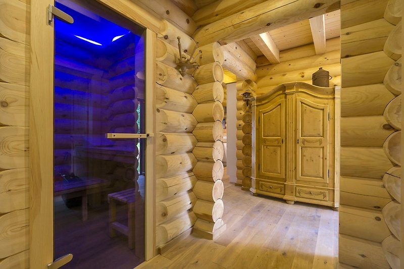 Basement corridor with sauna.