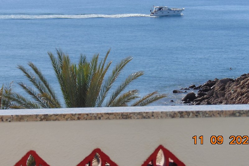 Palmen, Boote und tropisches Meer vor Balkon.