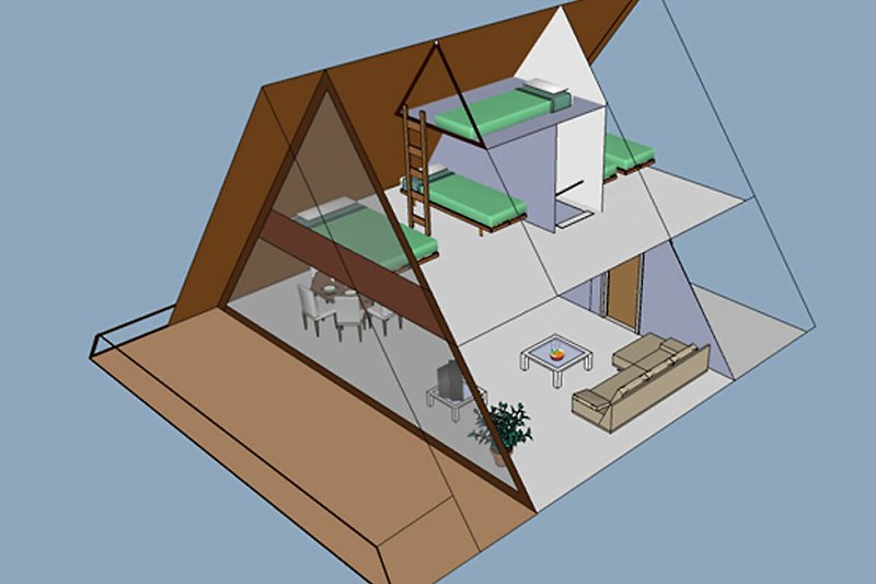 Aufbau des Ferienhauses (Achtung: im oberen Stockwerk befinden sind Türen an den Zimmern - hier nicht eingezeichnet)