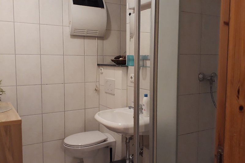 Das Bad mit Dusche/WC