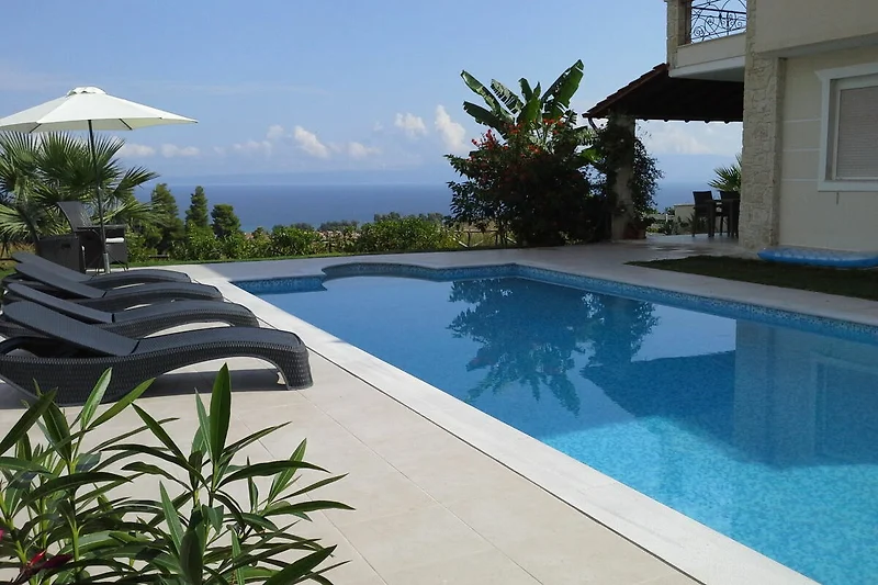 Pool mit Sonnenliegen, Palmen, Schirmen und stilvoller Gartenanlage.