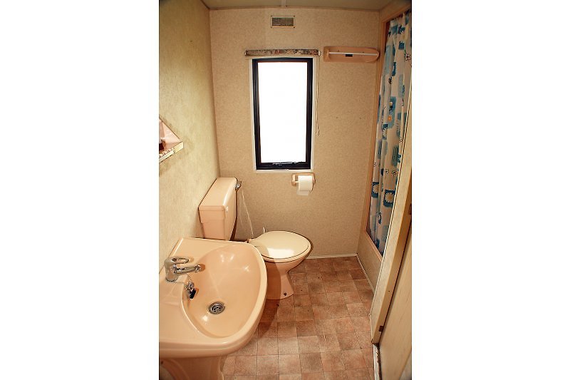 Bathroom with shower, sink, and toilet.