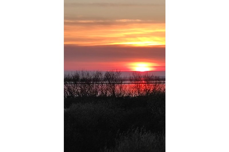 Ruhige Seenlandschaft mit rotem Himmel bei Sonnenaufgang.