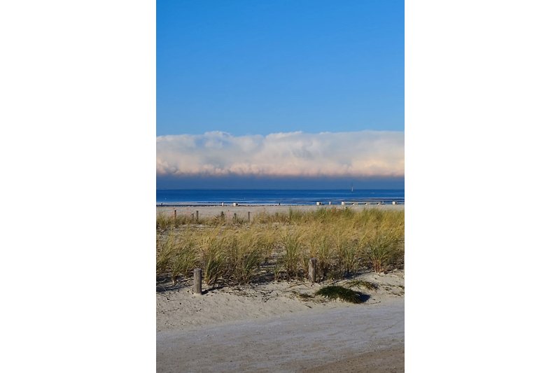 Bild von ruhiger Küstenlandschaft mit Strand, Meer und Horizont in Norddeich