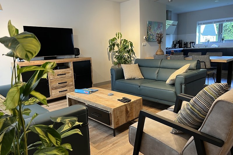 Gemütliches Wohnzimmer mit modernen Möbeln und Fernseher.