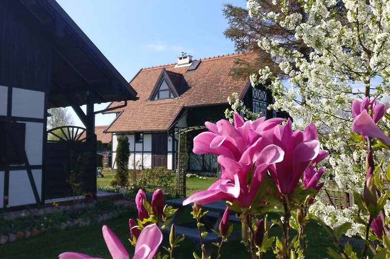 Ein idyllisches Ferienhaus mit blühendem Garten und malerischem Ausblick.