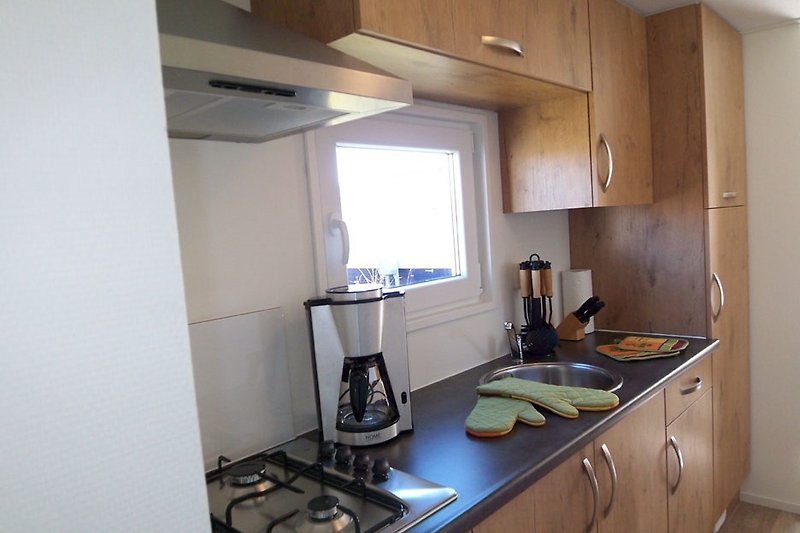 Eine moderne Küche mit Schränken, Arbeitsplatte und Spüle.