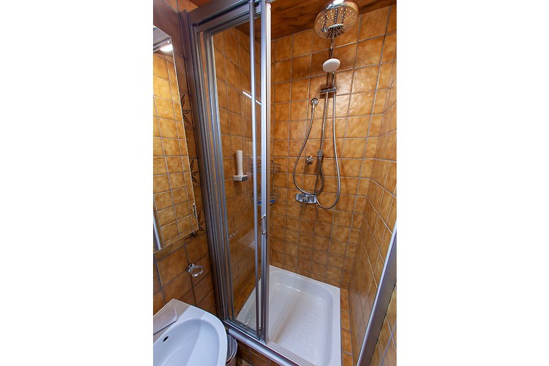 Badezimmer mit Dusche, Toilette und modernem Design.