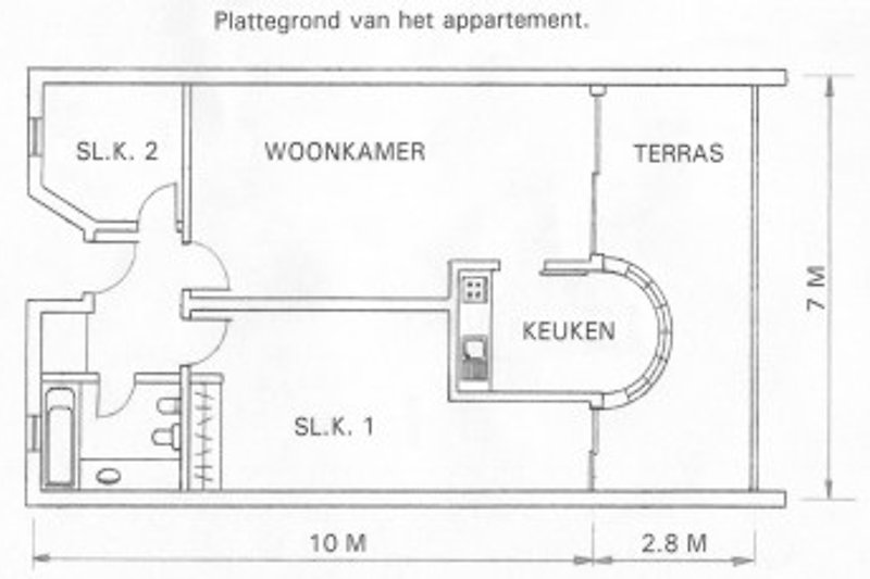 Plan der Wohnung. Woonkamer=Wohnzimmer, SL.K.=Schlafzimmer, keuken=Küche